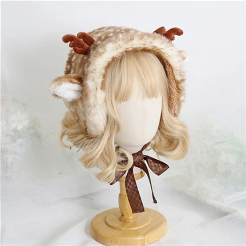 Women Girl Sika deer plush beret lamb wool Lolita hand-made Japanese Soft Sister Beret Lolita Girl Sweet Cute All-match