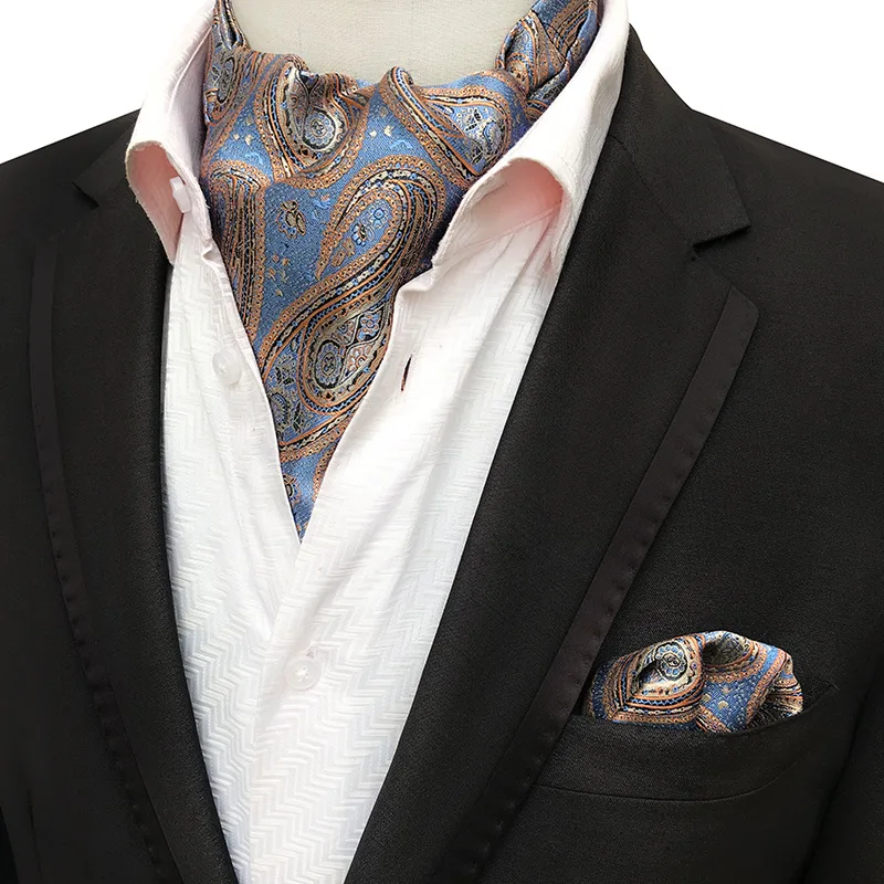 Mans Vintage  Ascot Tie Pocket Square Set Luxury Mans Paisley Flower Cravat Neck Tie Handkerchief Gifts for Men