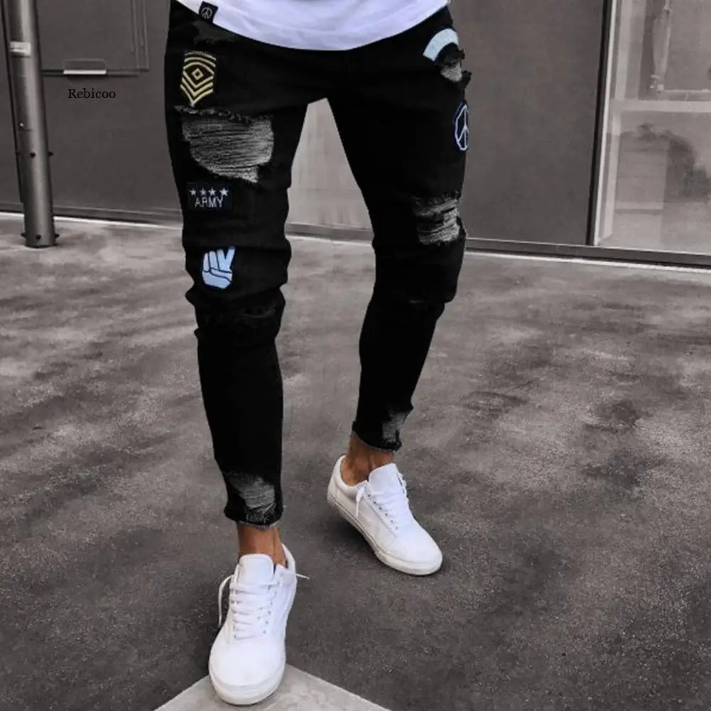 Männer Stepp Bestickte Jeans Skinny Jeans Zerrissene Grid Stretch Denim Hosen Mann Elastische Taille Patchwork Jogging Denim Hosen