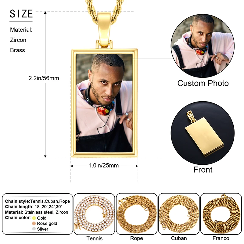 Square Memory Medallions Custom photo Pendant Necklace Personalized Name Engraved Custom Pendant & Zirconia Tennis Chain Gift