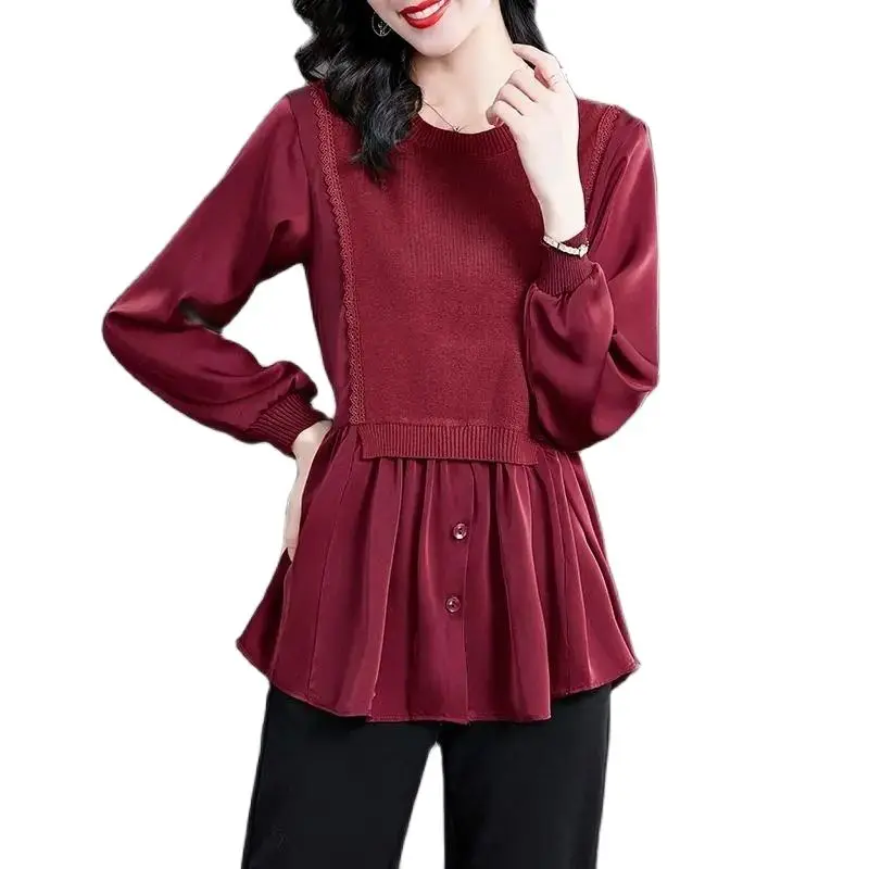 Bluse Frühling Herbst Neue Damen Shirts Spleißen High-End-Temperament Mode Langarm Jacke Rundhals Hit Ende Hemd