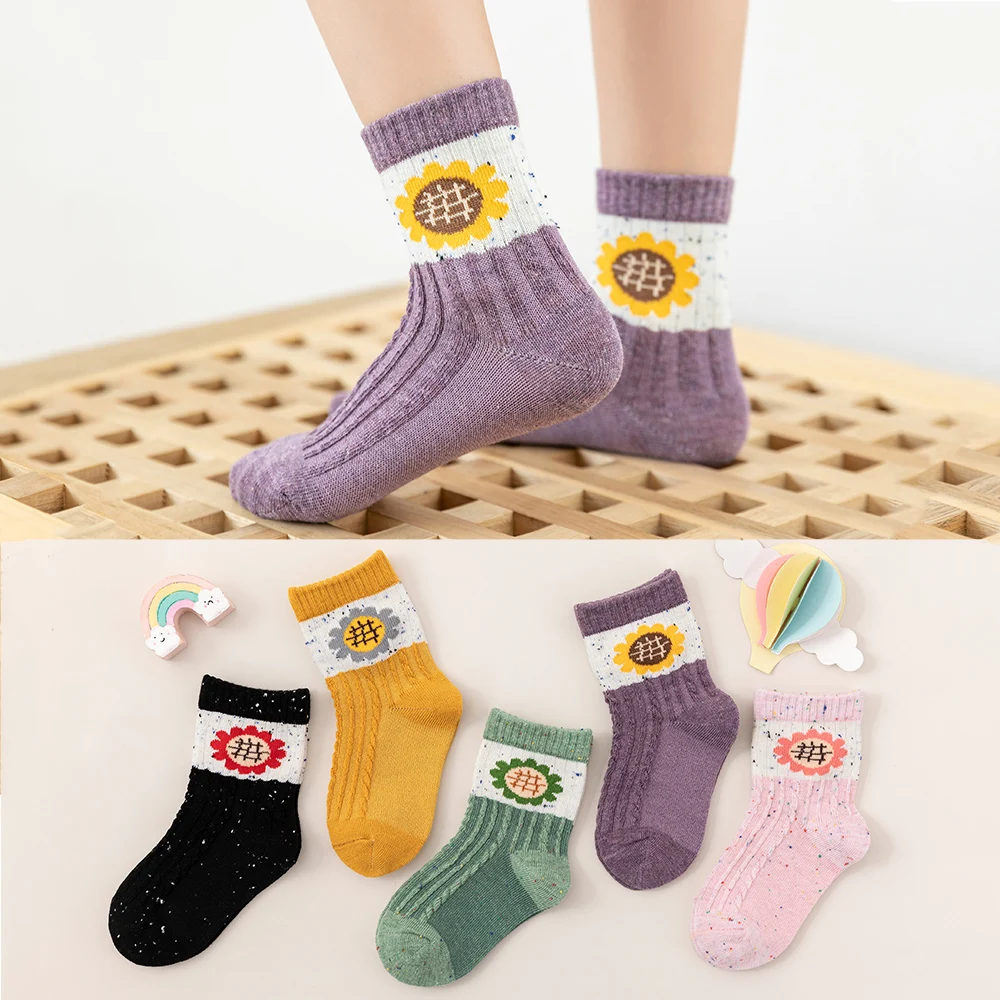 

5Pairs/lot Kids Socks Autumn Cotton Baby Winter Socks Boys Girls Children Snow Socks Sunflower Warm Thick Socks.