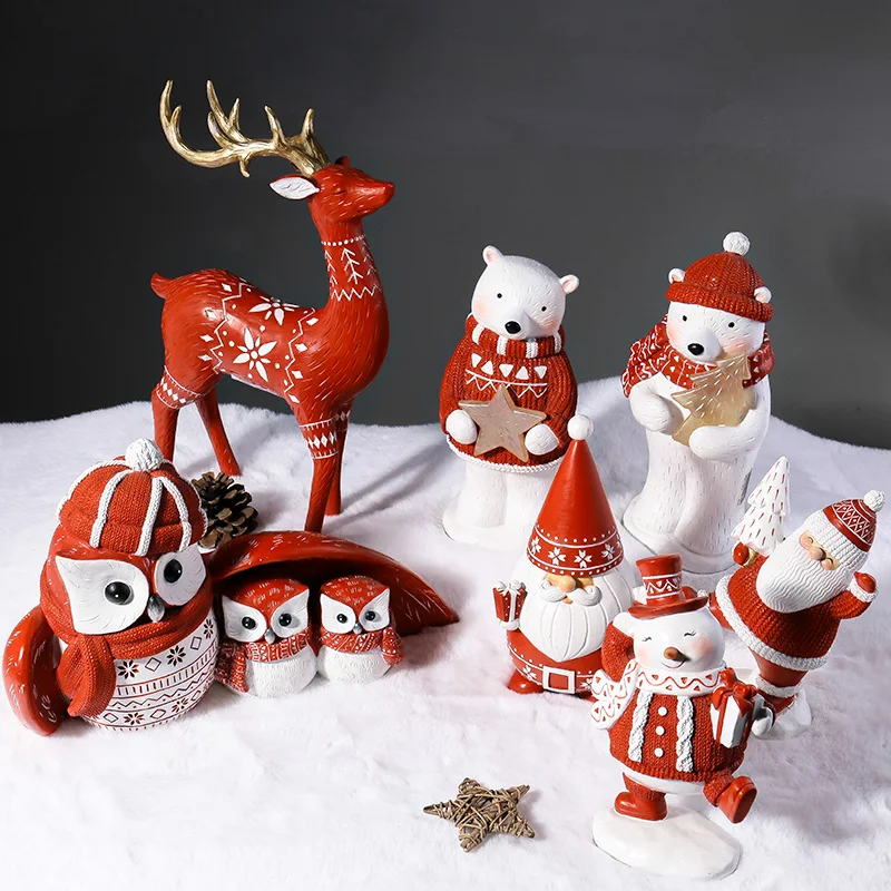 

Christmas Home Decorations Red Cute Elk Santa Claus Sculpture Creative Resin Desktop Night Owl Statue LED Lights Bear Kids Gift