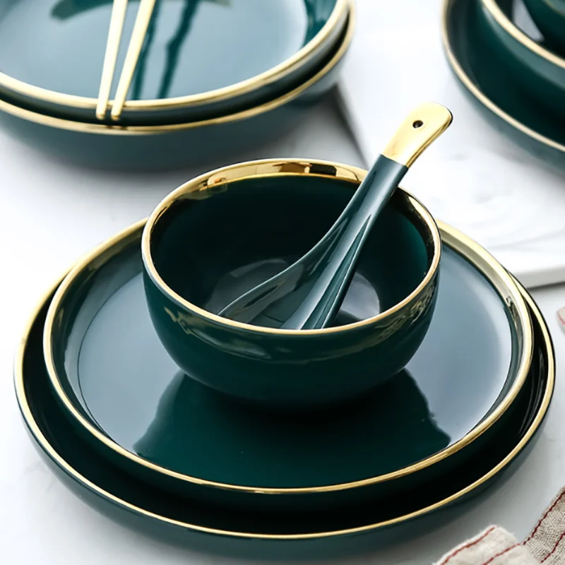 Dark Green Set of Dishes Gold Inlay Ceramic Steak Food Dishes Dinner Plates Bowl Household Tableware vajilla completa de platos