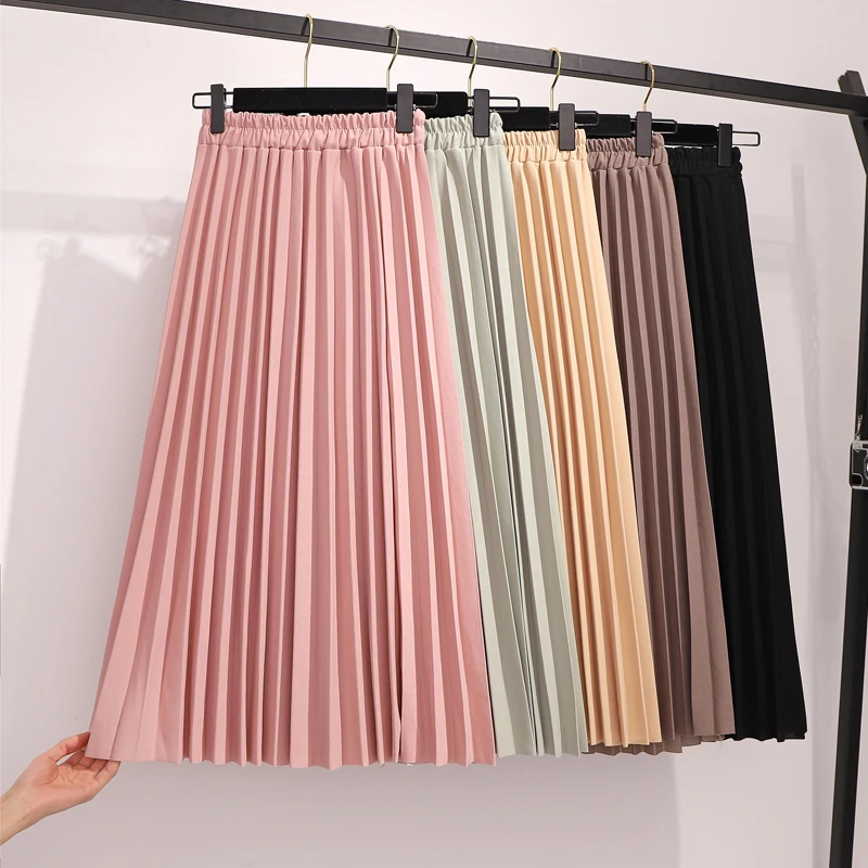 New 2020 Spring Pleated Skirt Women Casual Solid Korean Elastic High Waist Midi Skirts Womens Pink Black Skirt