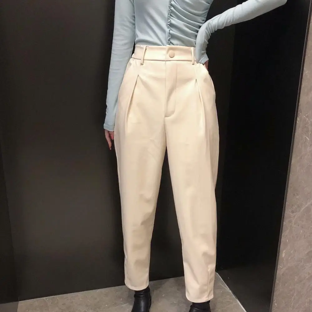Pantalon en Faux cuir pour femme, ample, jaune, poches élégantes, fermeture éclair, bouton