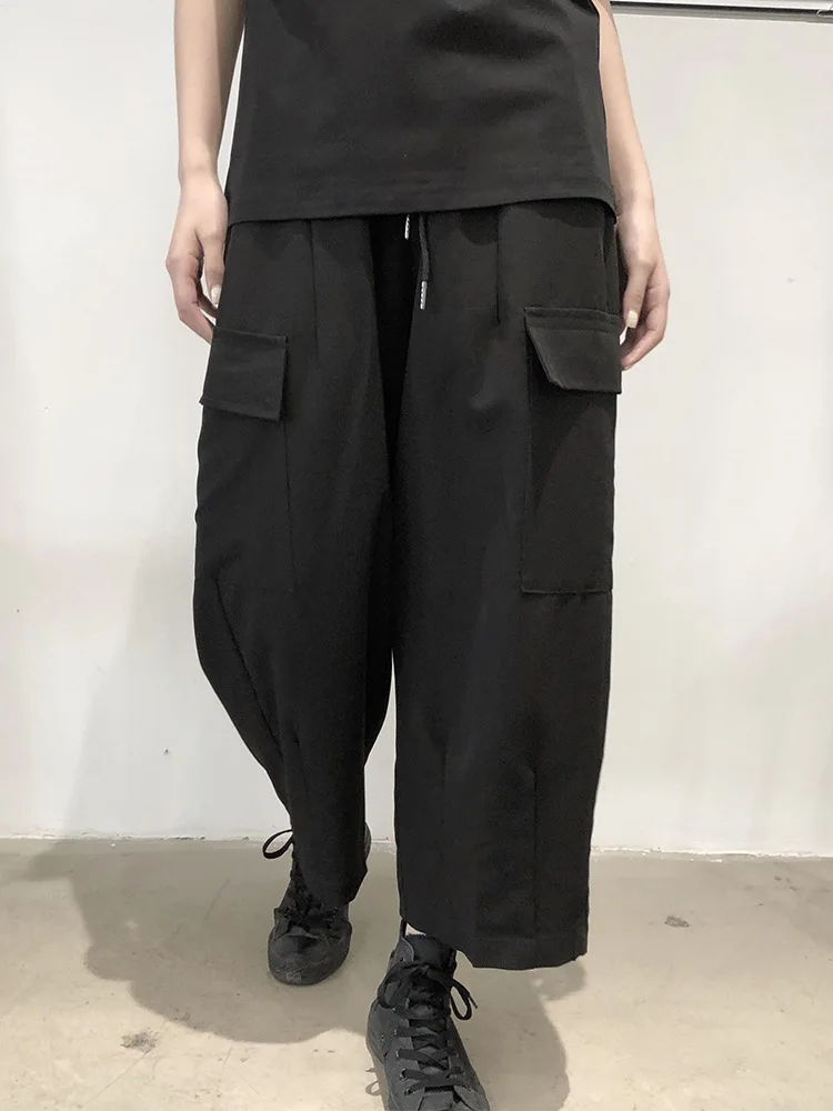 Women's Cargo Wide Leg Pants Summer Classic Dark Black Simple Casual Large Size Straight Pants Loose Casual Large Size