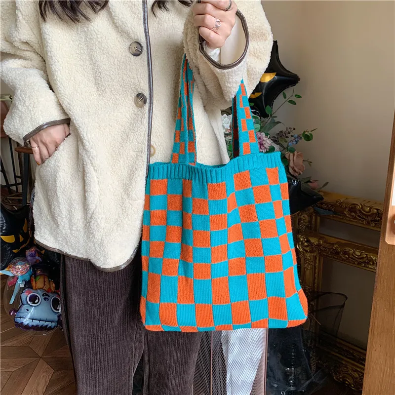 Knitted Checkerboard Bag For Women Canvas Tote Shoulder Bags Retro Weave Plaid Handbags Female Casual Travel Shopping School Bag