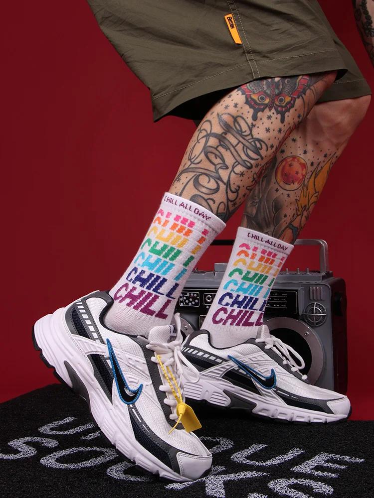 CHILL Hiphop Individuality Street Men's Socks Rainbow Orange 100%Cotton Socks