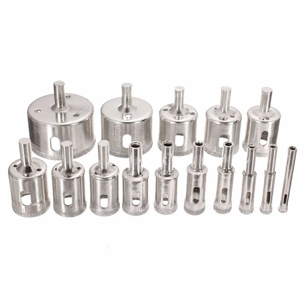 15pcs/set 6mm-50mm Diamond Coated Hole Saw Drill Bit Cutter Core Shaft Tool Kit for Ceramic Porcelain Glass Marble