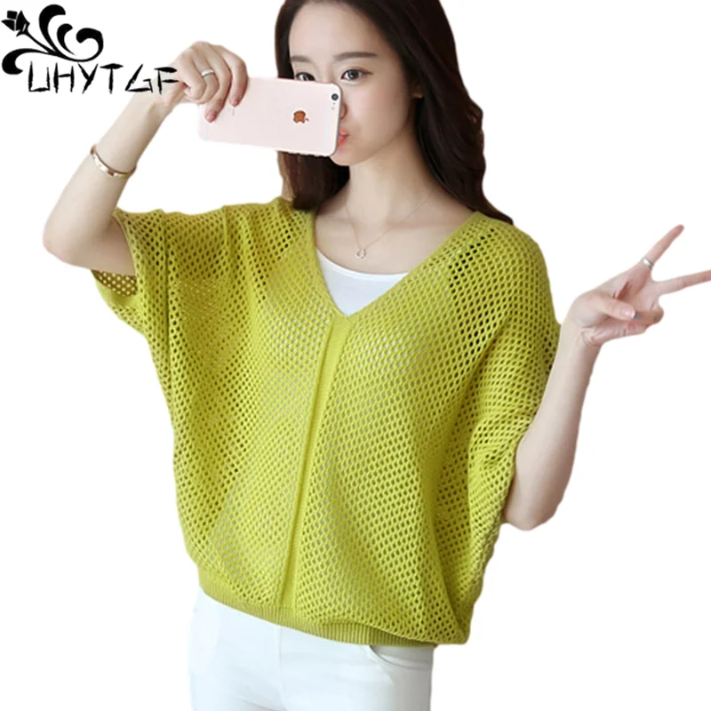 UHYTGF Fashion Hollow Summer T-Shirt Women Short-Sleeved V-Neck Pullover Knit Thin Top Korean Loose Elegant Female Clothes 1512