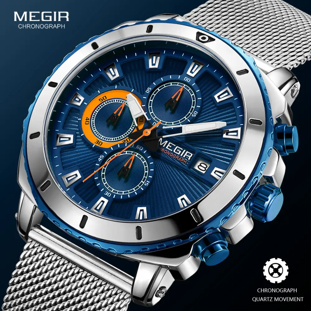 Megir Watches Men 2020 Luxury Mesh Strap Business Quartz Watch for Man Top Brand Waterproof Army Sport Wrist Watches Blue Face