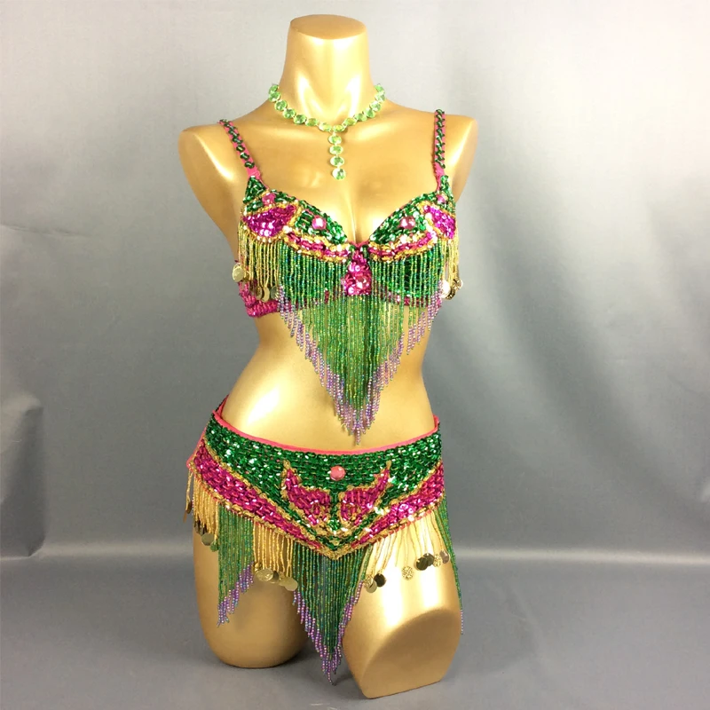 Hot Selling Belly Dance Competition Costume New-Style Sexy Handmade Beaded Tassel Sequins Bra Belt 2 Piece Sets 5 COLOR DL6290