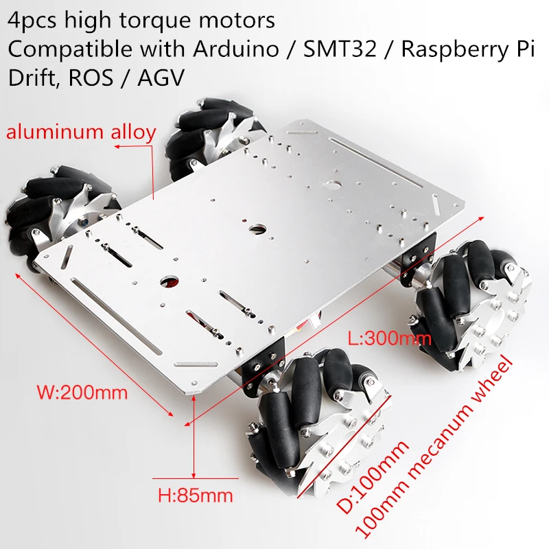 20kg Load 4WD 100mm Mecanum Wheel Metal Smart Robot Car Chassis 4pcs High Torque DC Motor DIY For Arduino/ SMT32/ Raspberry Pi