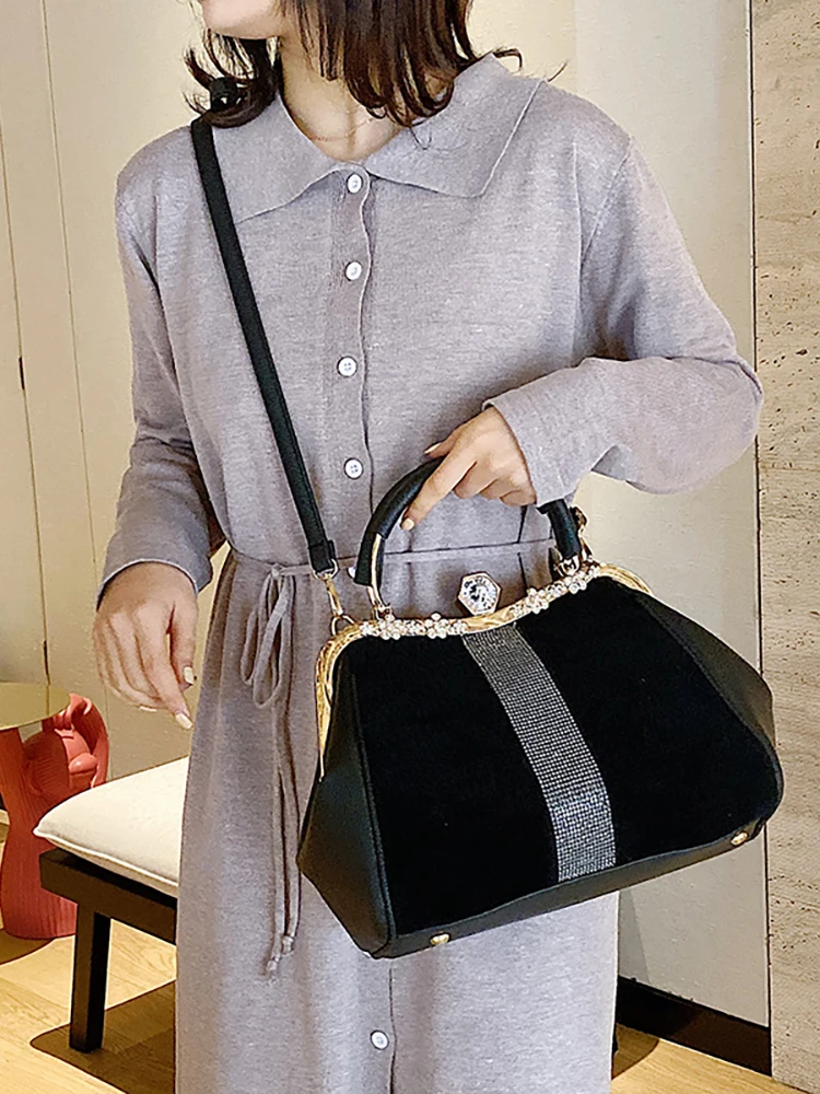 Classic Black Faux Fur Bag For Women Diamonds High Quality Pu Leather Party Tote Handbag Large Capacity Shoulder Crossbody Bags