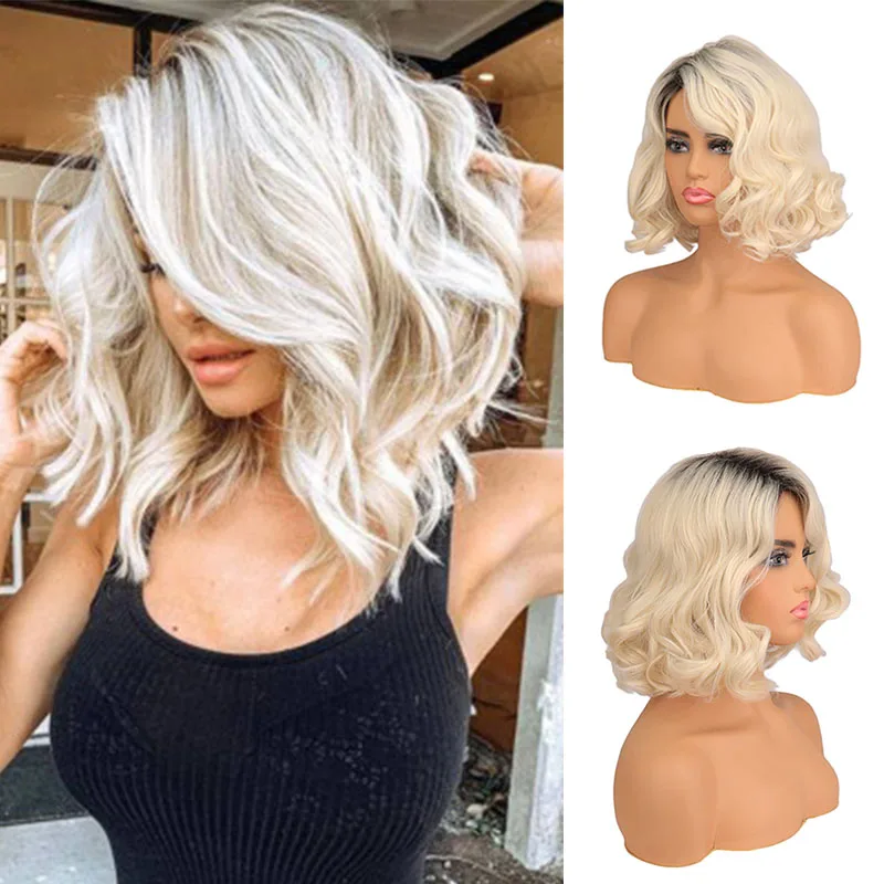 WHIMSICAL W Wigs Synthetic Hair Blonde Mix Color Wavy Hair Bob Women Middle Part Cosplay Wigs Heat Resistant Fiber for Women