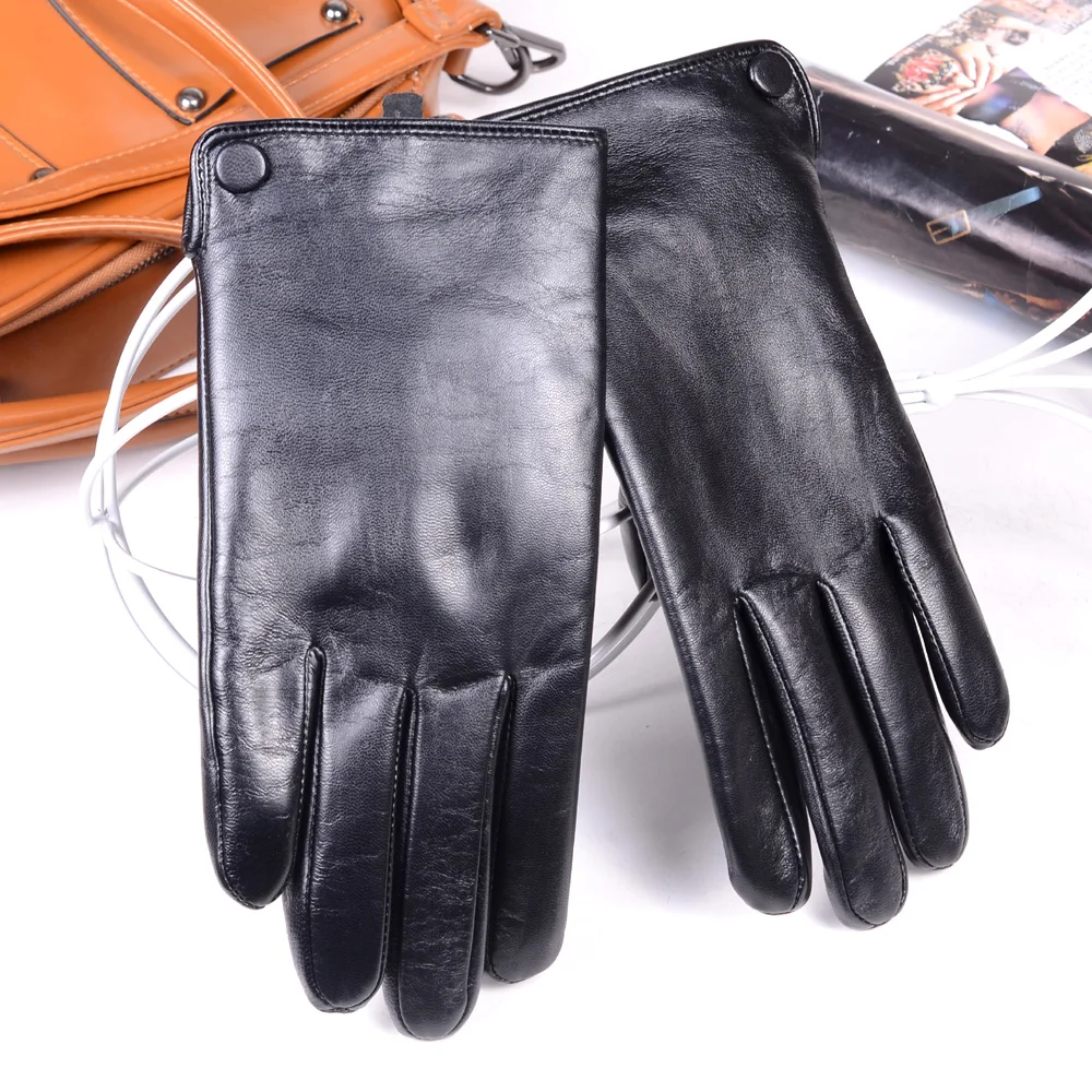 Men\'s Winter Warm Real Leather Classical Wrist Button Snap-fastener Black Touch Screen Casual Driving Short Gloves