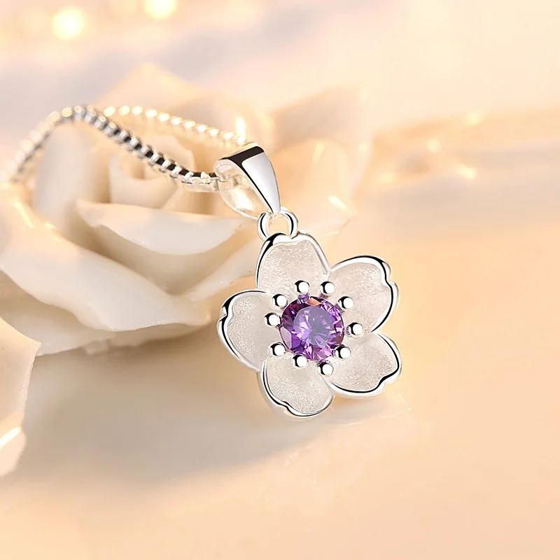 Cute Flower Pendant Necklaces For Women Romantic Cherry Blossoms Pink/Purple Zircon Stone Lovely Pendant Jewelry For Lady Girls