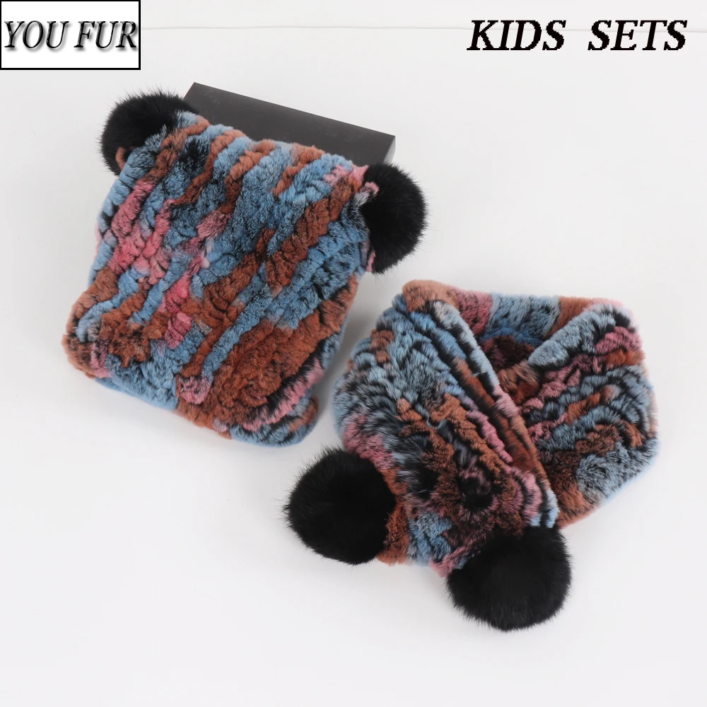 

New Fashion Children Natural Fur Scarf Hat Sets Knit Kids Real Rex Rabbit fur Muffles Caps Set Winter Warm Kid Fur Scarves Hats