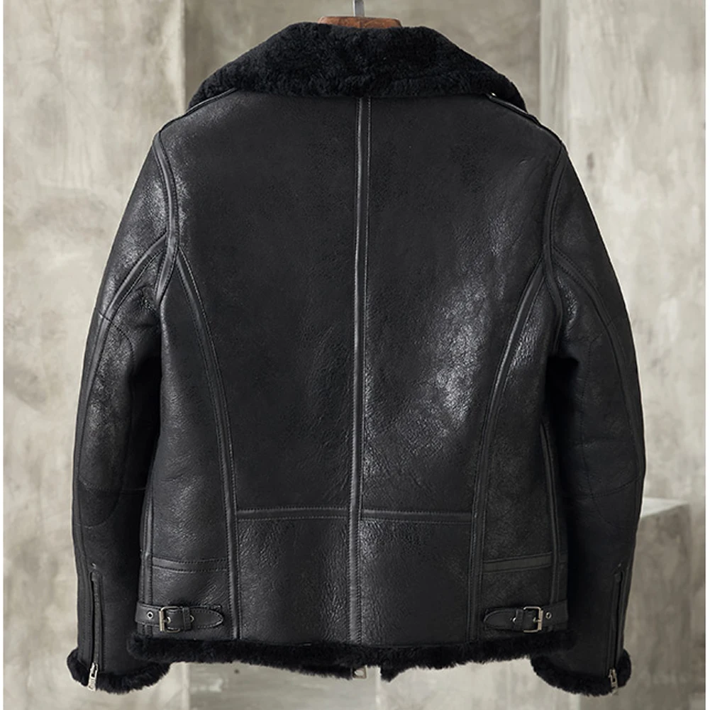 Men's Shearling Jacket B3 Bomber Jacket Men Genuine Leather Coat Black