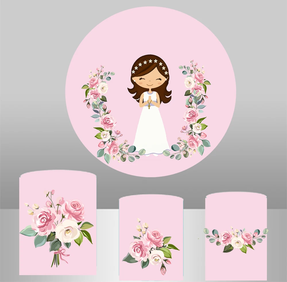 Girl baptism round backdrop pink flower baby shower circle background first communion party decoration table plinth cover YY-402