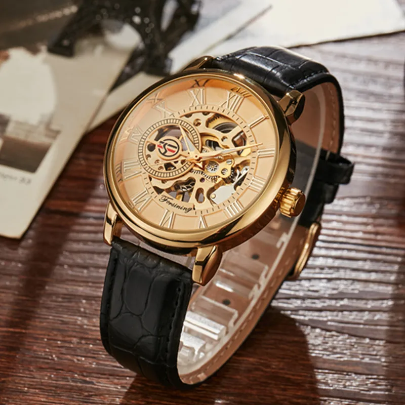 

Gorben Black Leather Strap Men Watch Skeleton Automatic Mechanical Male Clock Sport Casual Wristwatch Wrist Watches