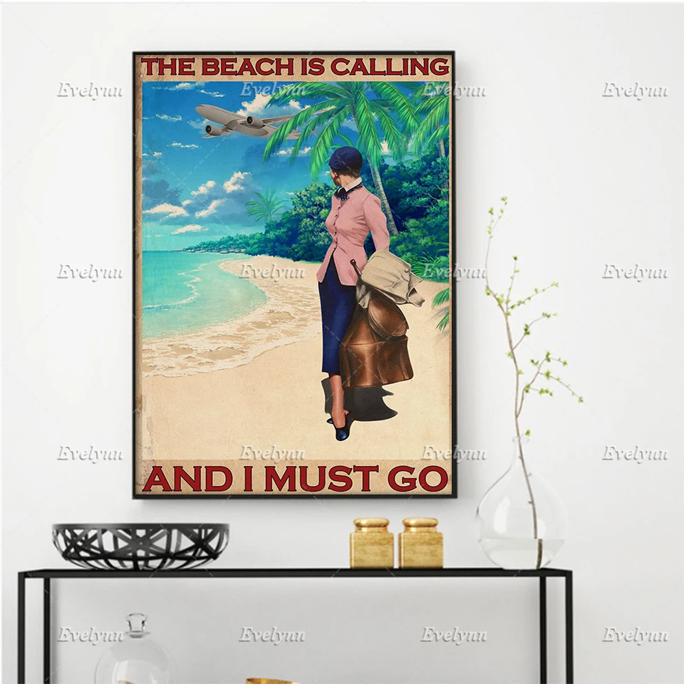 Travel Traveling Girl The Beach Is Calling And I Must Go Poster Summer Vacation Wall Art Prints Home Decor Canvas Floating Frame