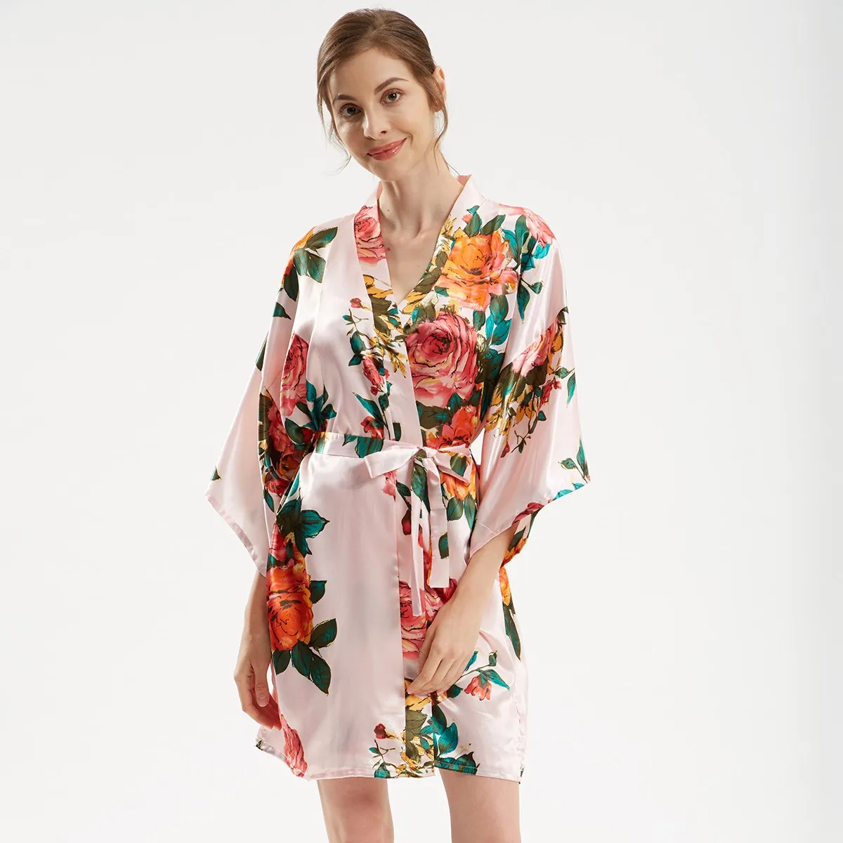 Women Kimono Bathrobe Gown Pink Print Flower Bride Bridesmaid Wedding Robe Casual Nightgown Sleepwear Plus Size Sexy Home Dress