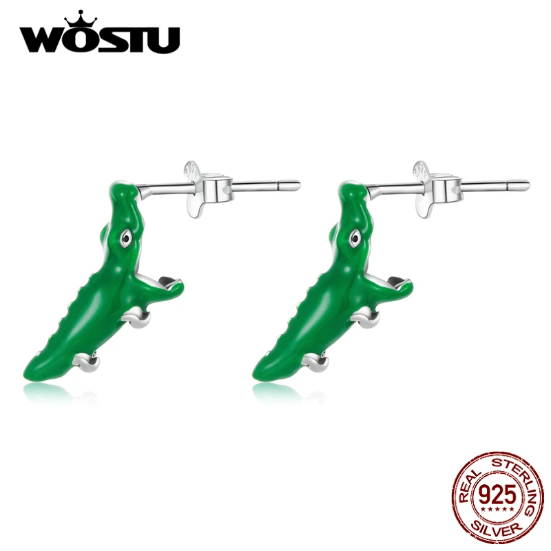 WOSTU 2021 925 Sterling Silver Funny Green Animal Crocodile Stud Earrings For Women Fashion Jewelry Gift CTE562