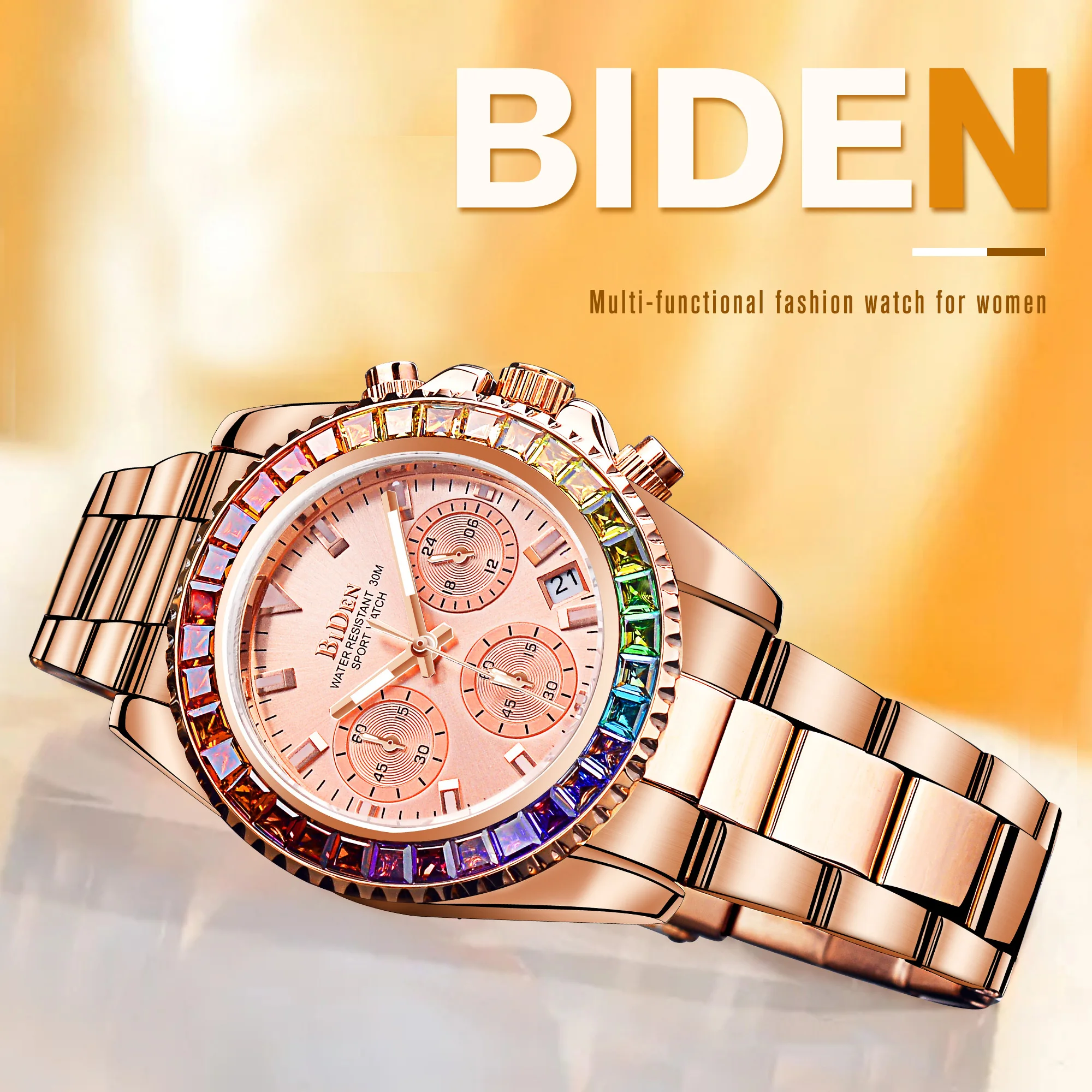 Biden Luxury Ladies Quartz Watch Diamond Women\'s Automatic Watches 3 Dial Wristwatches Fashion Clock Bracelet Zegarek Damski