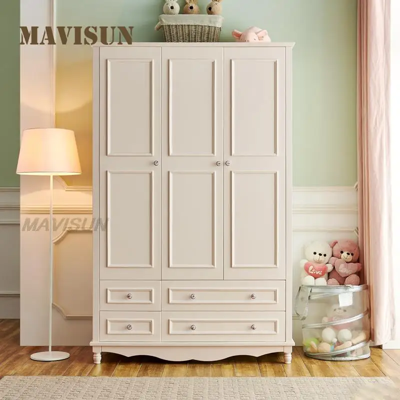 American Style Solid Wood Wardrobe With Drawer Simple Household Bedroom Furniture Three-Door White Clothing Cupboard For Child