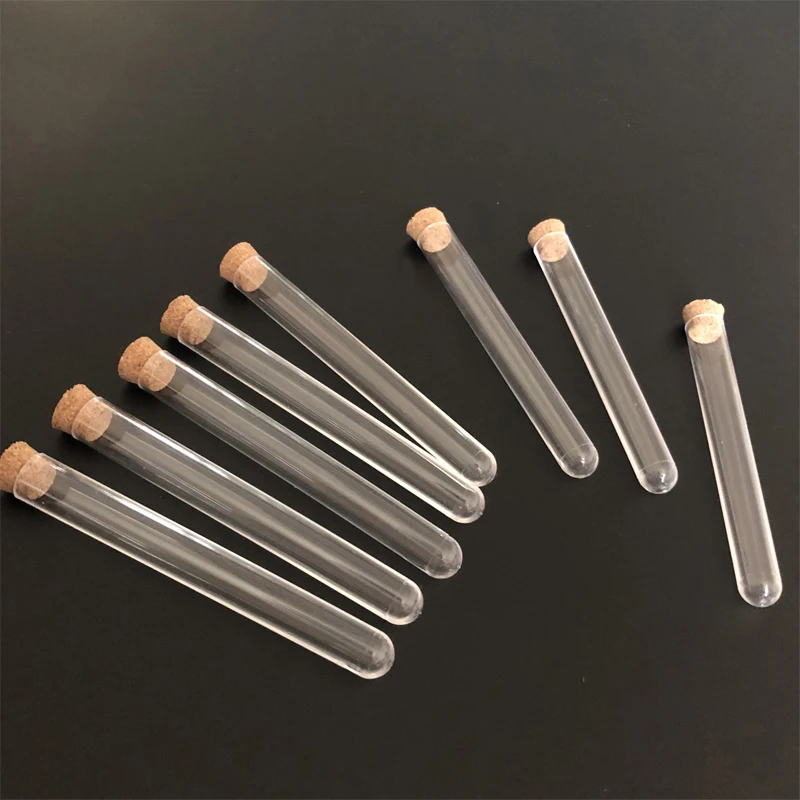 50 pieces/lot 12*60 13*78 12*100 15*100 All Sizes Plastic test tube with Cork Cap Transparent Hard Plastic tubes