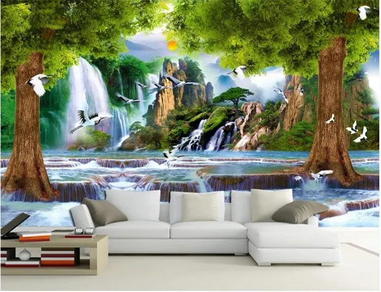 

3d wallpaper high-end custom mural non-woven wall sticker 3 d Crane waterfall tree painting photo 3d wall room murals wallpaper