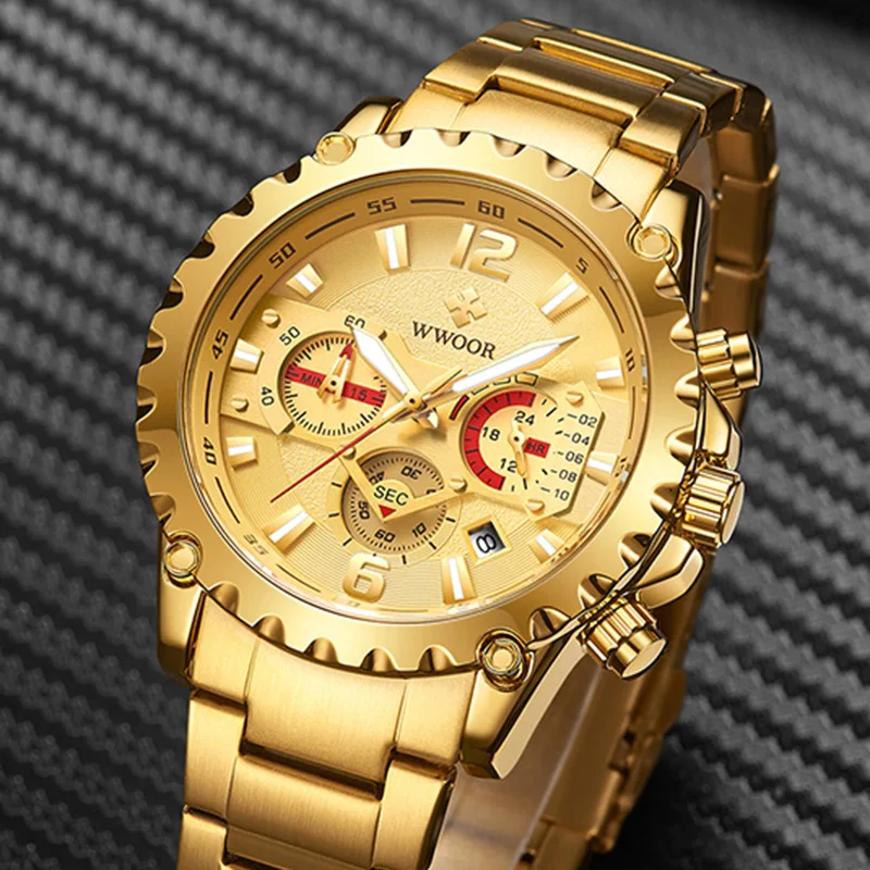 WWOOR Luxury Gold Full Steel Watch Men 2024 Sport Chronograph Quartz Wrist Watches For Men Military Waterproof Relogio Masculino