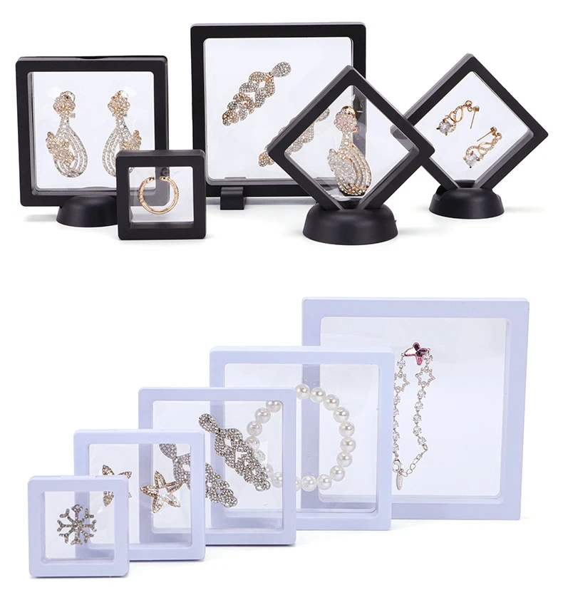 PE Film Jewelry Storage Box 3D Packaging Case Gemstone Free Stand Floating Frame Membrane Ring Earrings Necklace Display Holder