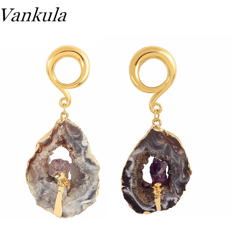 Vankula Natural Stone Ear Plugs Tunnel Stainless Steel Ear Hook Piercing Ear Weight Hangers Pair Selling
