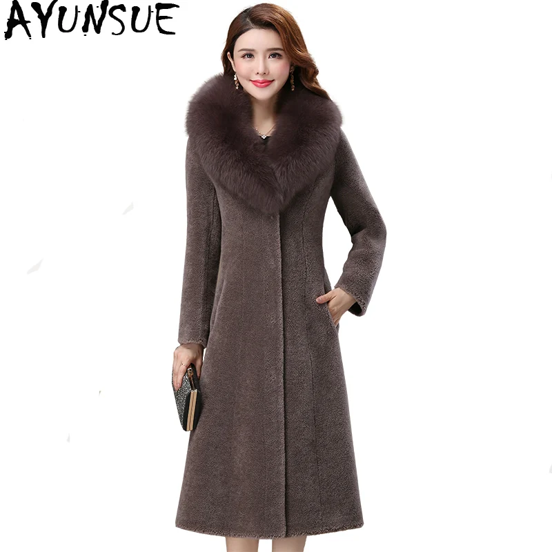 AYUNSUE Sheep Shearling Real Fur Coat Winter Jacket Women Fox Fur Collar Wool Coat Women Long Jackets clothes Manteau Femme MY