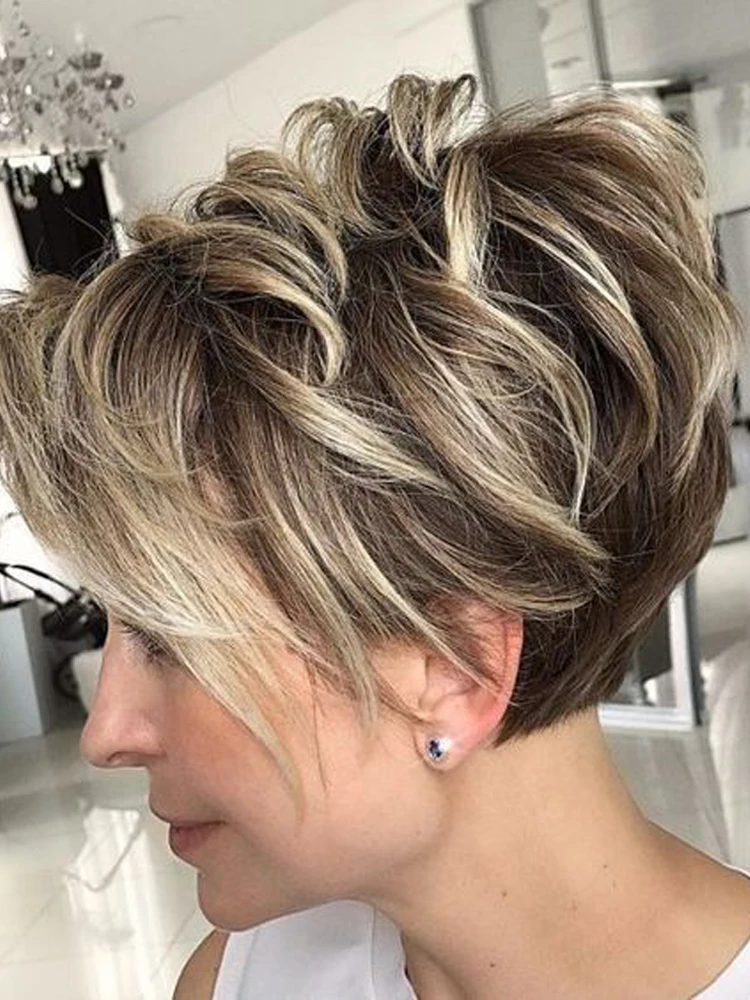 HENRY MARGU racine foncée Ombre brun blond cheveux courts perruques moelleux coupe lutin perruque synthétique pour les femmes noires blanches résistant à la chaleur