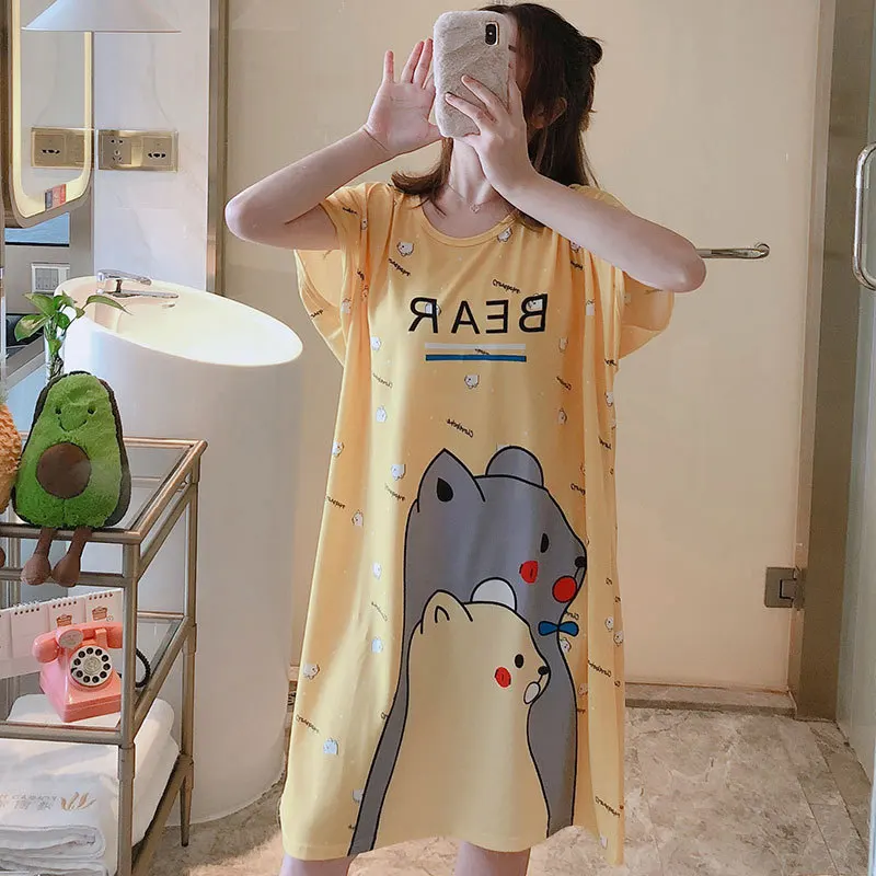 Plus Size Summer Loose Women Nightdress Short Sleeves Cute Cartoon Nightgowns Sweet Casual Sleepwear Girls Sleepdress Nightie