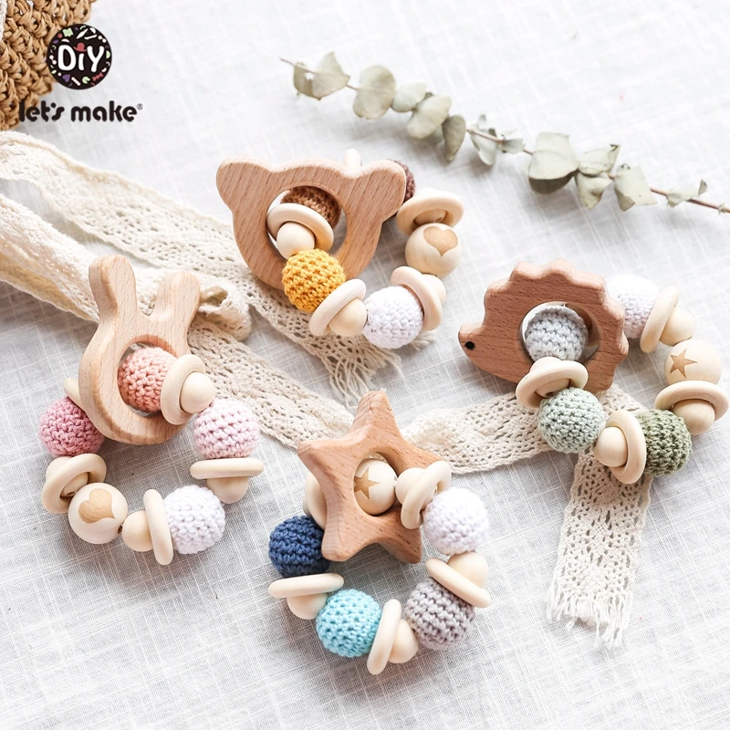 Baby Rattle Bracelet Wooden Toys Crochet Beads Baby Teether Christmas Gift Hedgehog Elk Wood Crafts Ring Engraved