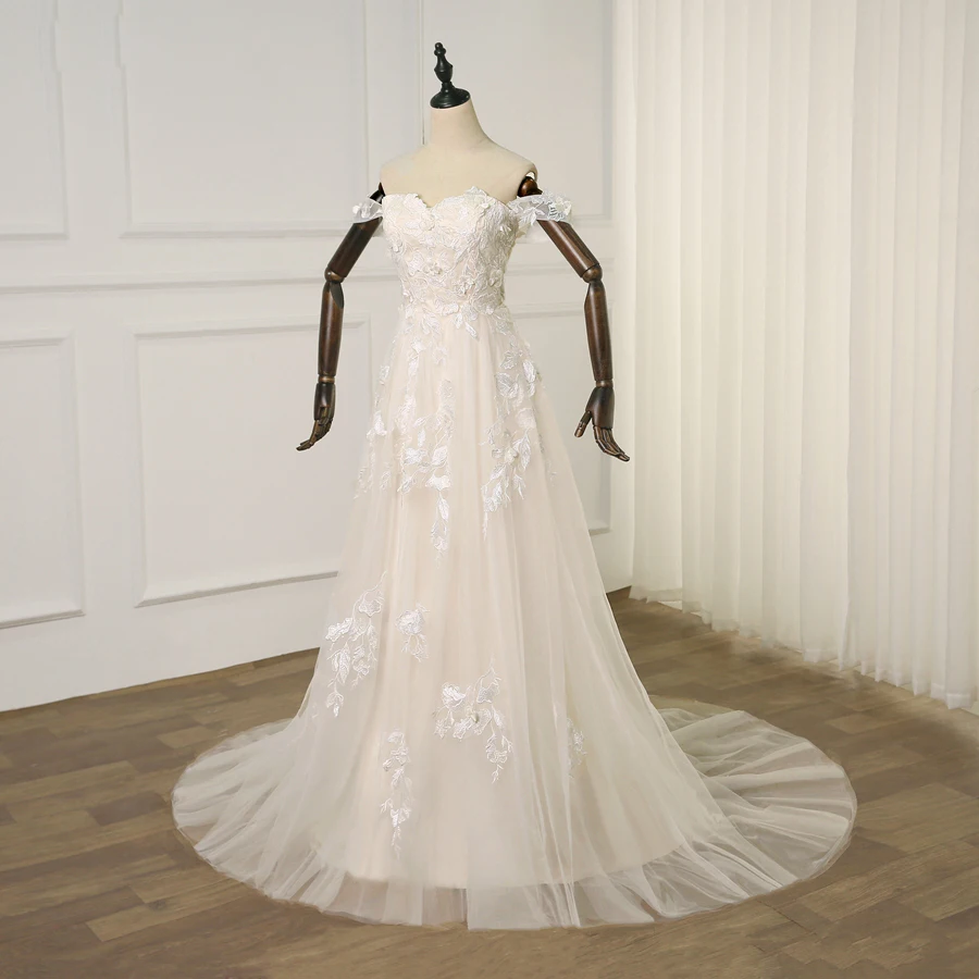 Jiayigong – robe de mariée en dentelle, Champagne, épaules dénudées, ligne A, application, robe de mariée de princesse personnalisée