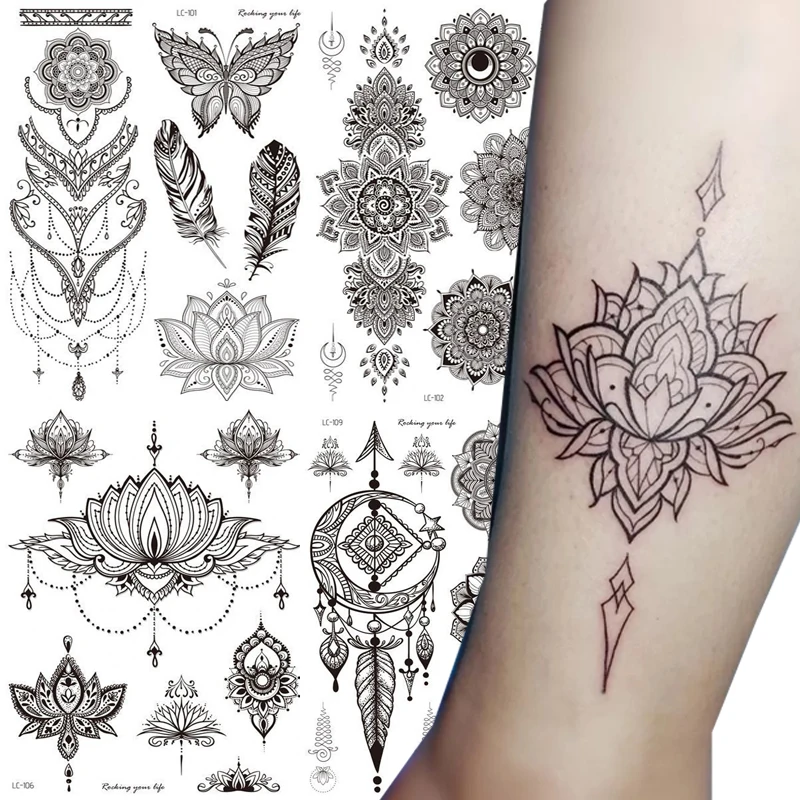 Autocollant de tatouage temporaire imperméable pour femmes, fleur de mandala, pivoines roses, art corporel, transfert d\'eau, clavicule