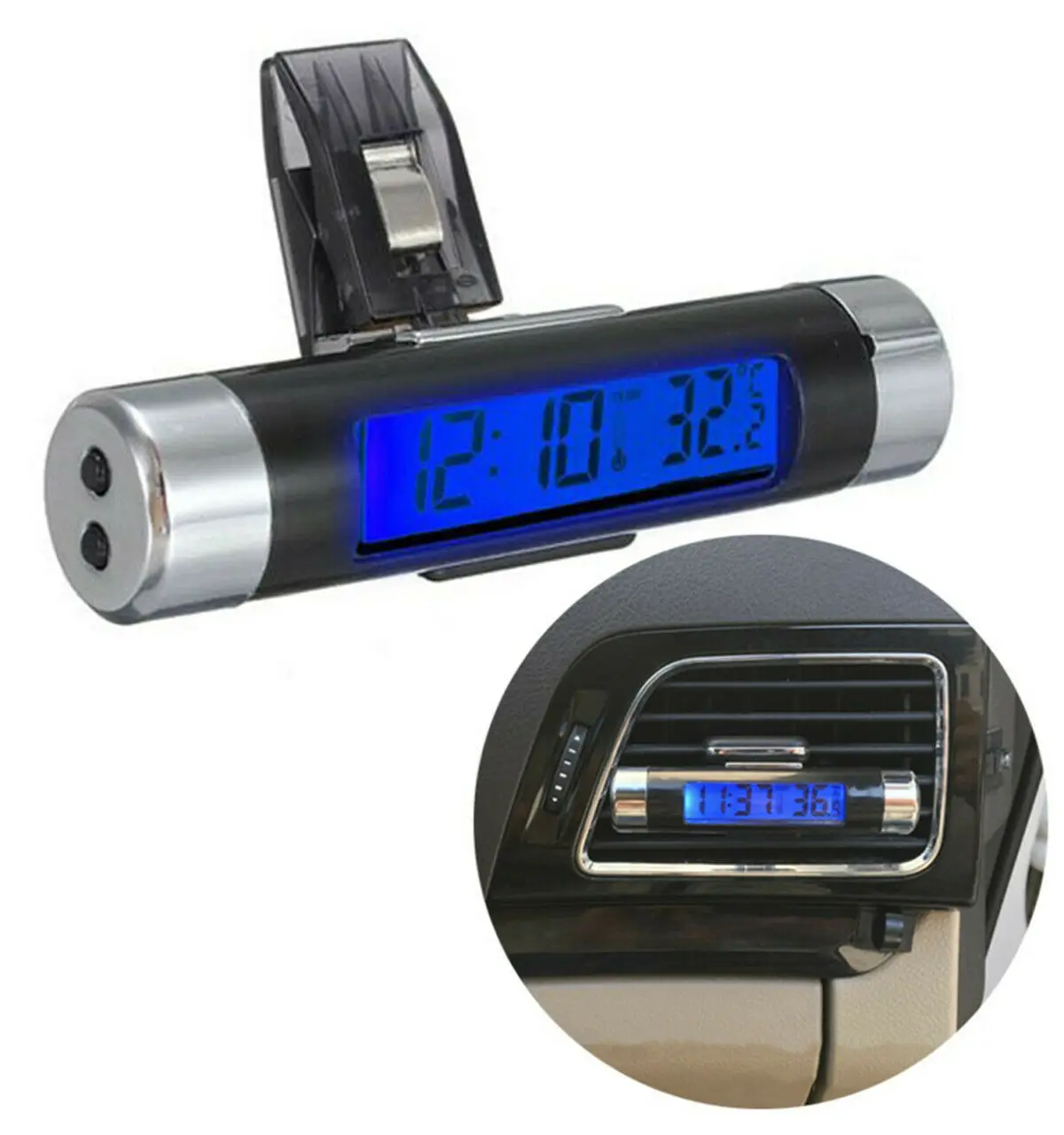 Universal Car Clip On LED LCD Digital Display Temperature Meter Auto Electronic Thermometer Luminous Clock