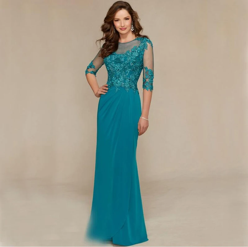 

Blue-green Mother Of The Bride Dress Half Sleeves Lace Beaded A-Line Party Formal Weddings Groom Godmother Dresses Plus Size New