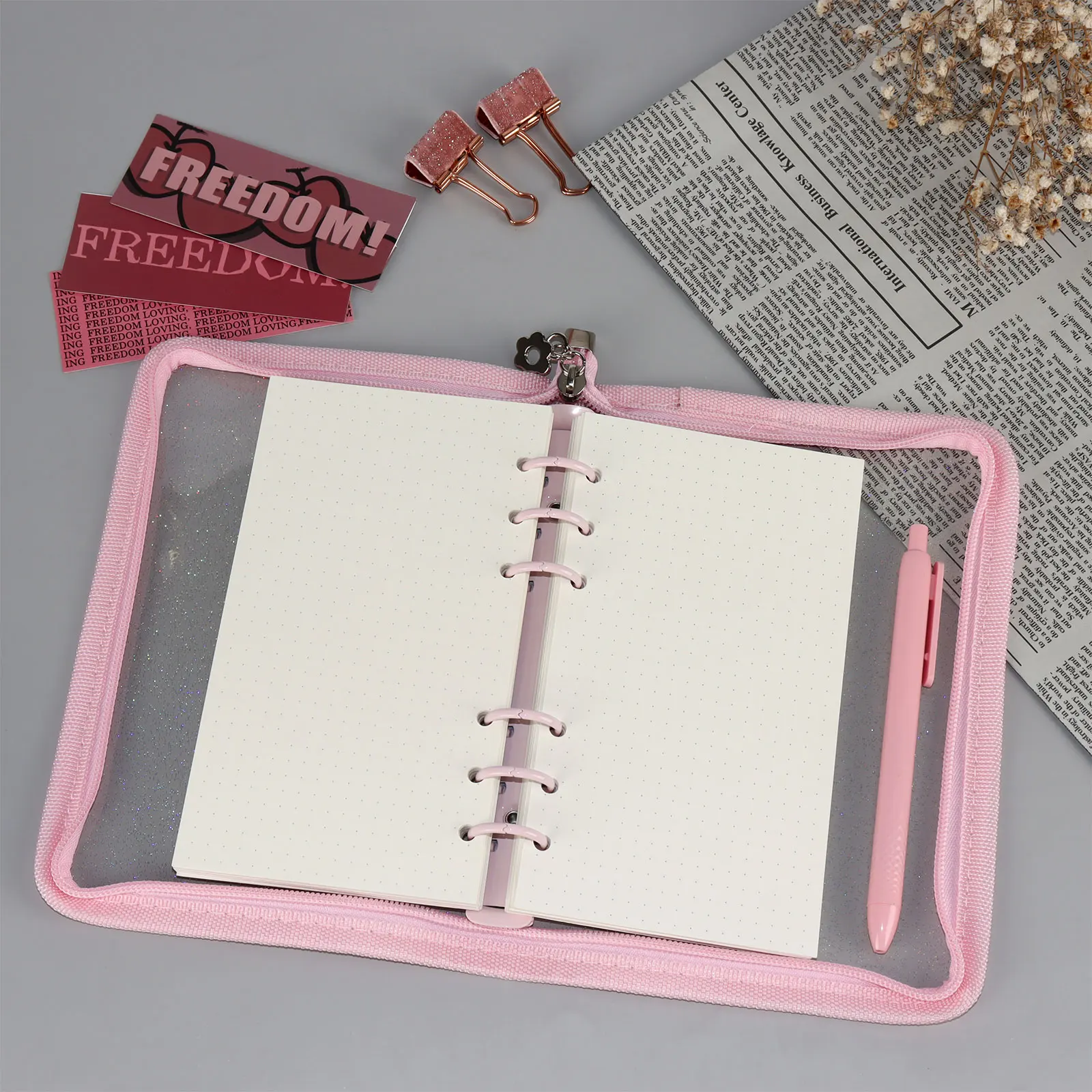 6 Ring A6 Glitter Binder Notebook Agenda Book Protector Macaron Zipper Office Home School Binder Stationery