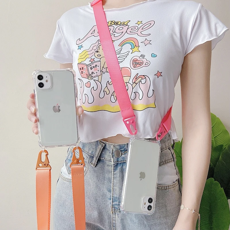 Crossbody Shoulder Strap Lanyard Phone Case For iPhone 11 12 13 14 15 16 Pro Max XR X XS 7 8 Plus Transparent Shockproof Cover