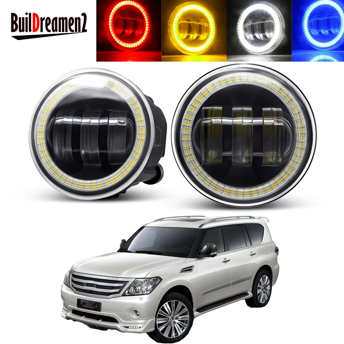 2 X Car Angel Eye Fog Light Assembly 30W LED Lens Fog Daytime Running Lamp DRL 6000LM 12V For Nissan Patrol 3/III Y62 2010-2015