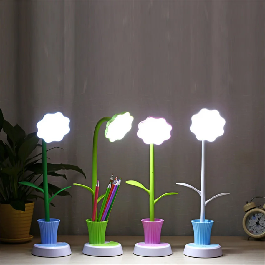 LED Sunflower Desk Lamp Kids Eye-Care Reading Lamps USB Rechargeable Dimming Table Night Light Touch Control With Pen Holder