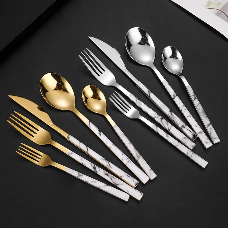 5Pcs Stainless Steel Tableware Cutlery Set Knife Dessert Fork Spoon Teaspoon with Marble Handle Dinnerware Kitchen Accessories