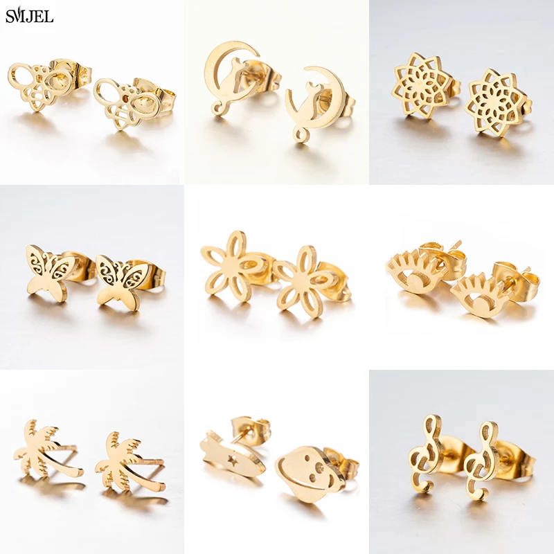 Golden Minimalist Small Earrings for Women Stainless Steel Flower Cat Moon Eye Music Bee Earring Piercing Jewelry Pendientes